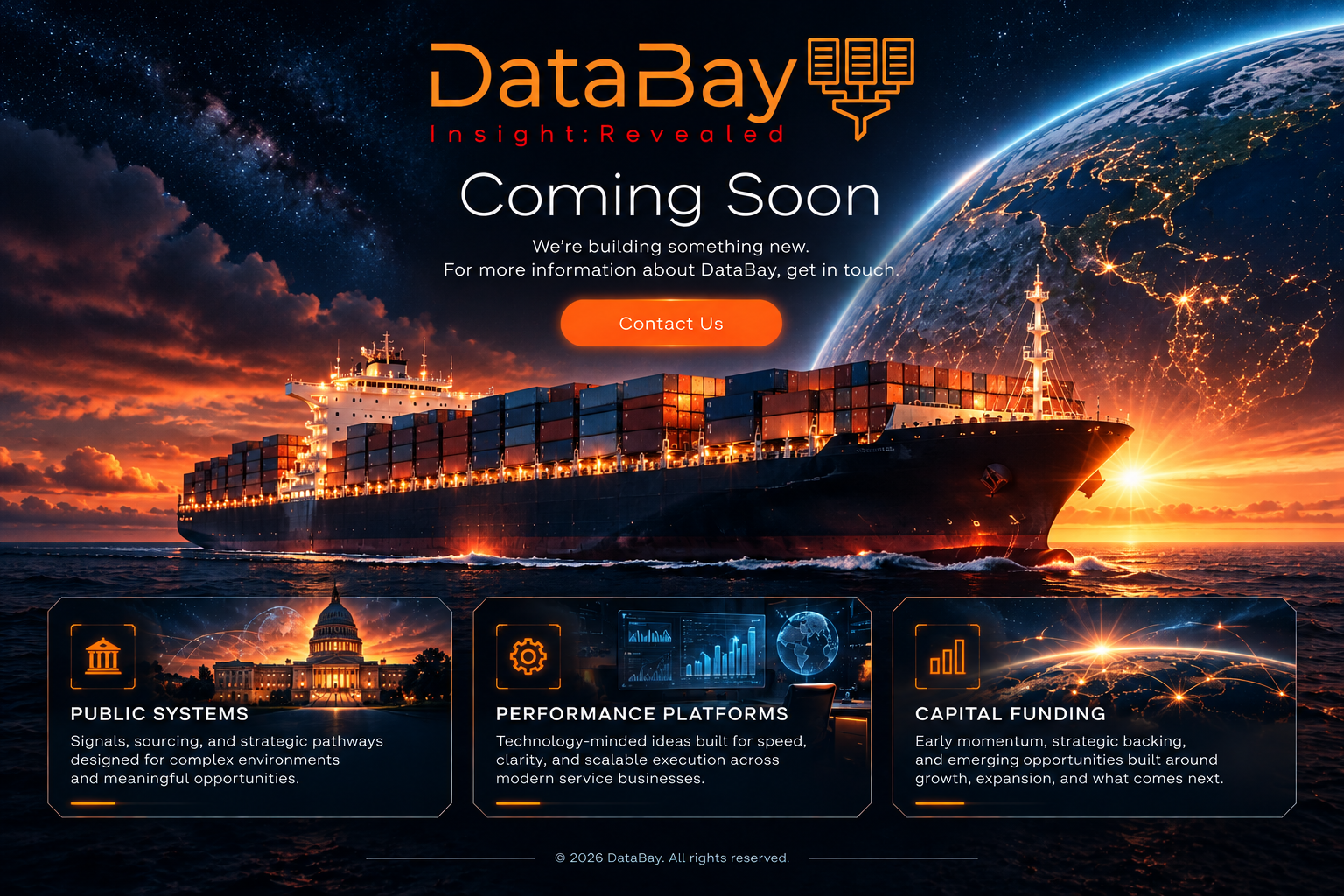 DataBay coming soon with container ship, Earth and three focus areas